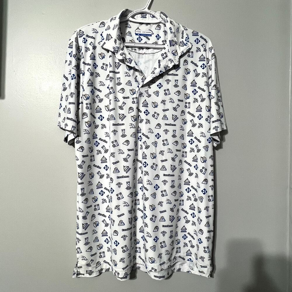 Fore Fathers Golf Polo Shirt Men’s Medium White Blue All Over Print Stretch